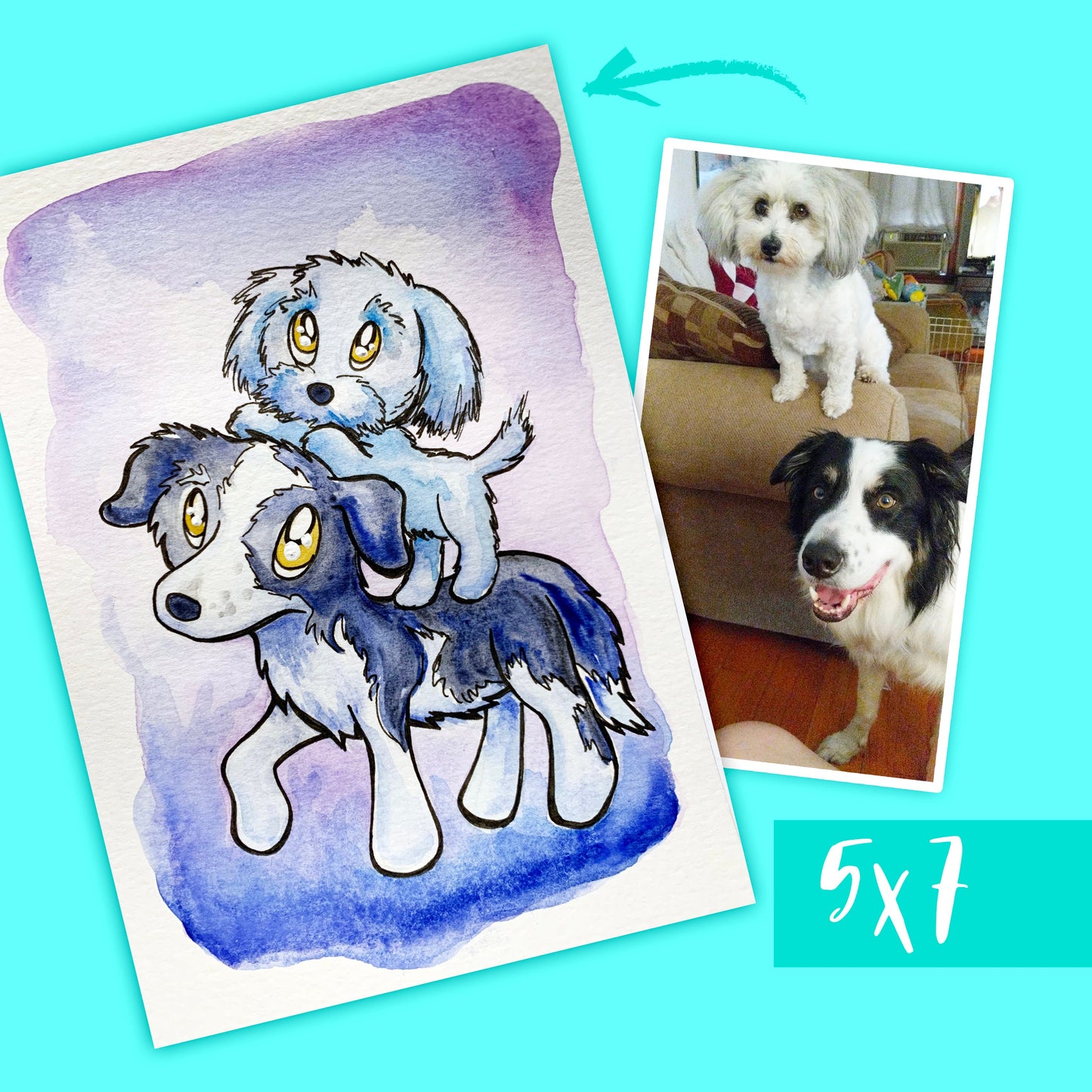 Custom cartoon pet painting: Watercolor art based on YOUR PHOTO