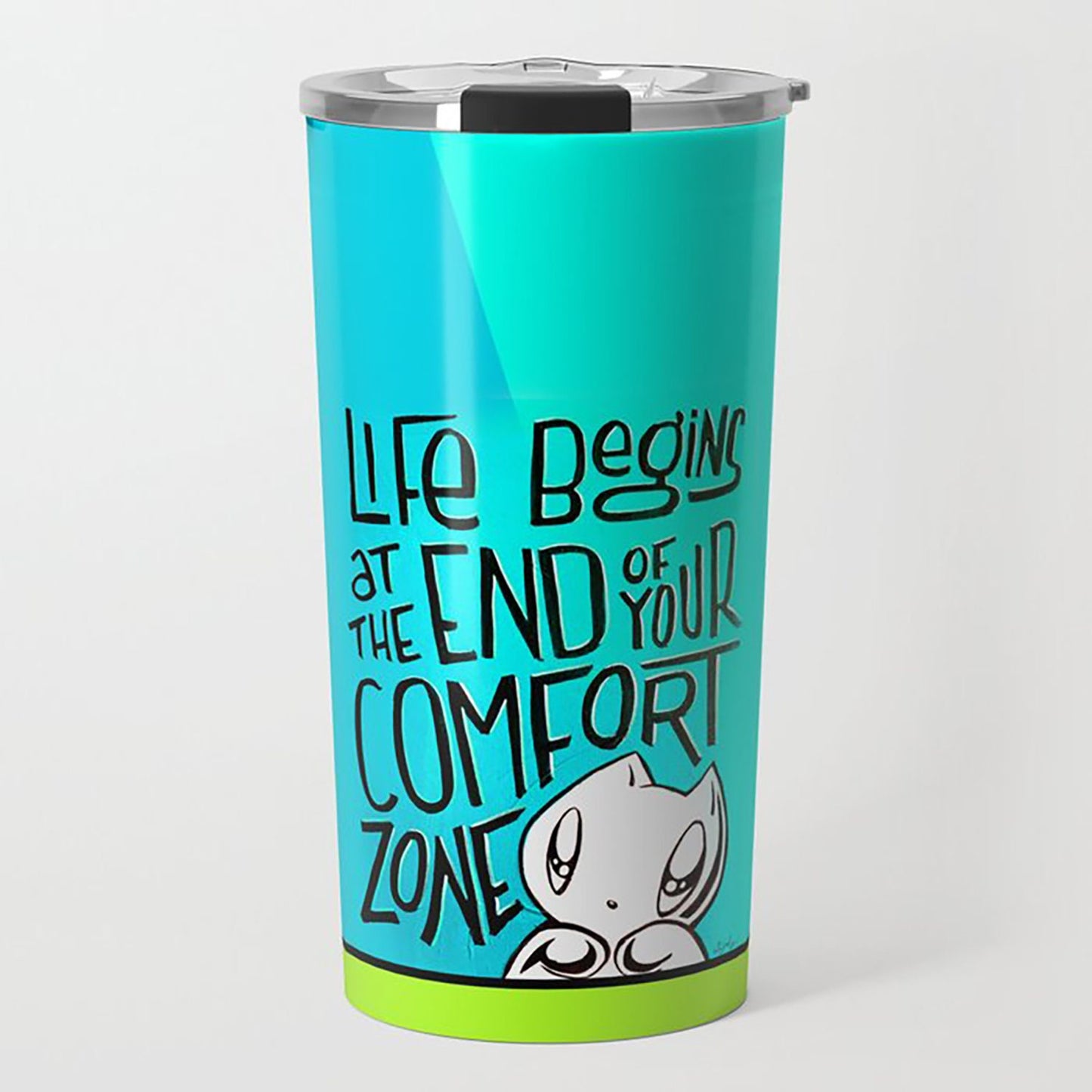 Travel Mug (2 options): Trying vs. Quitting OR Comfort Zone - Zeek the Octopus, Skoshie the Cat - motivational, hand lettering