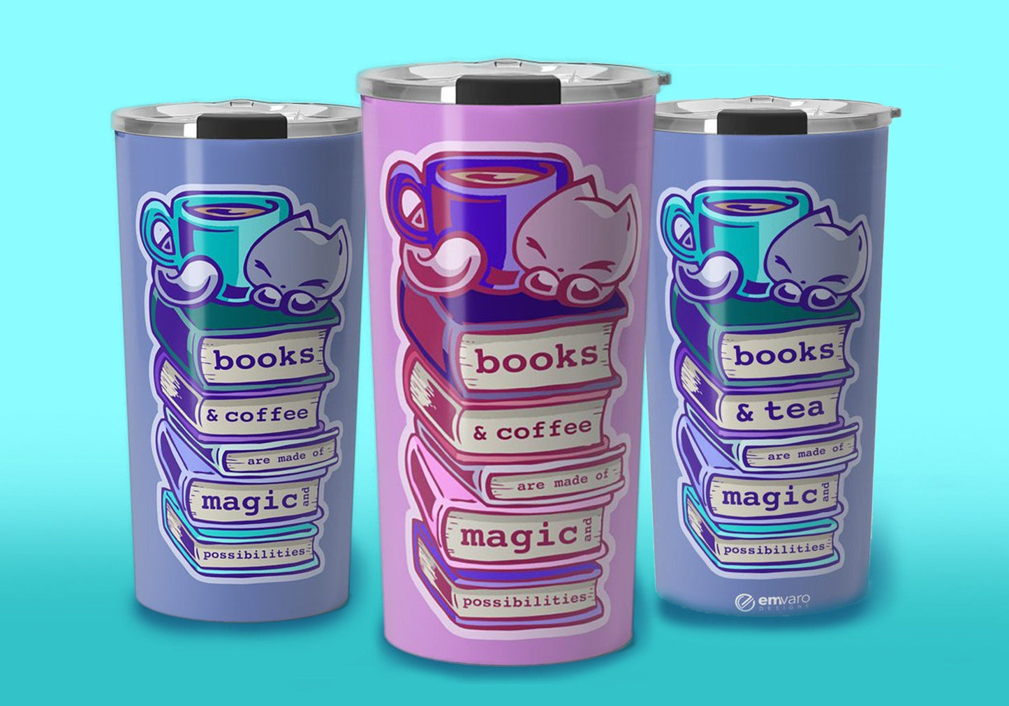 Travel Mug: Books and Coffee / Tea Are Magical  - Skoshie the Cat
