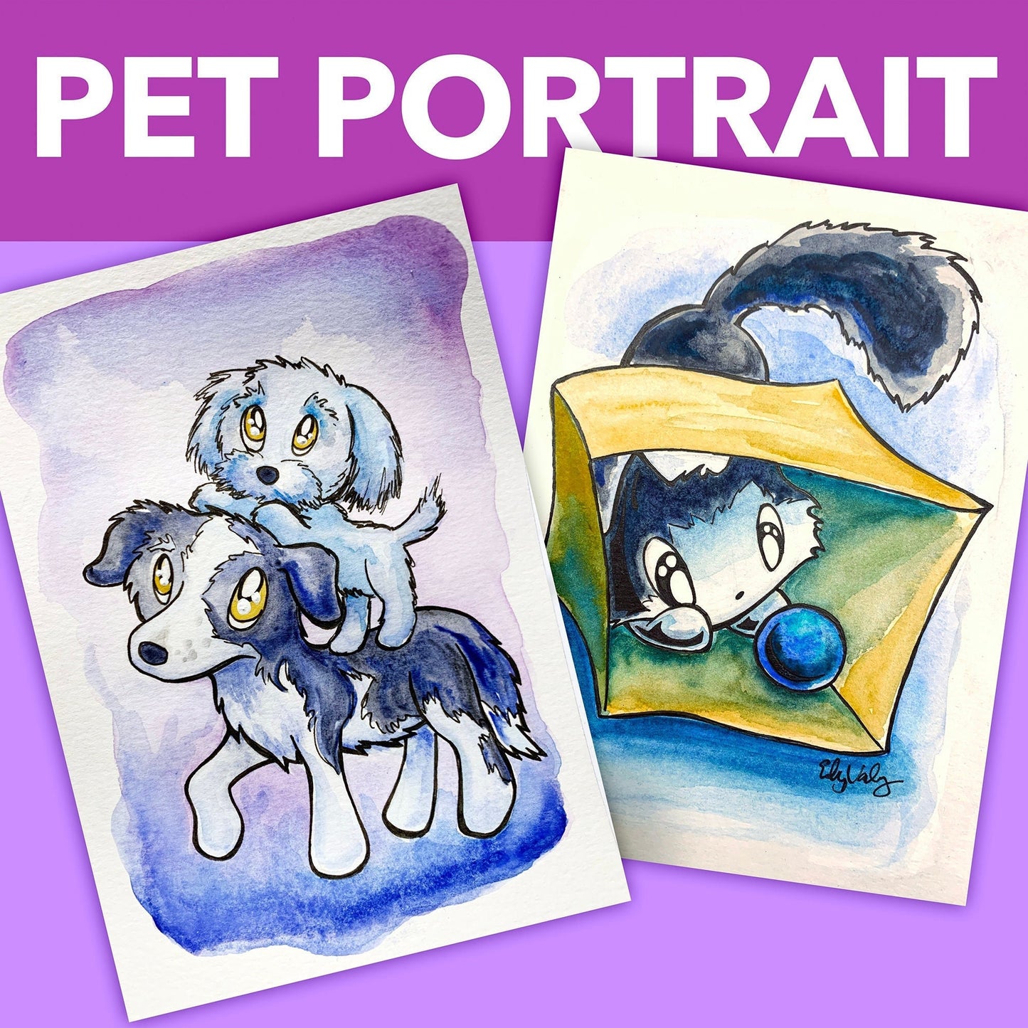 Custom cartoon pet painting: Watercolor art based on YOUR PHOTO